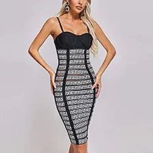 Geometric Pattern Jacquard Spaghetti Strap Bandage Dress for Clubwear and Parties