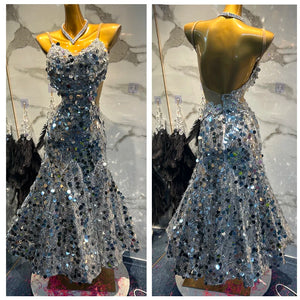 Women's Silver Sequin Open Back Mermaid Latin Rhythm Dance Dress