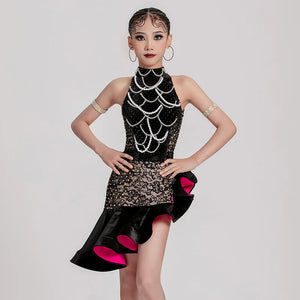 Dance Dress Girls Black and Beige Lace Beaded Halterneck Ruffled Latin Ballroom