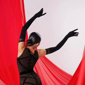 Latin Dance Dress, Women's Black & Red Chiffon & Lace Ruffled Sleeveless Backless Fringe Performance Dress