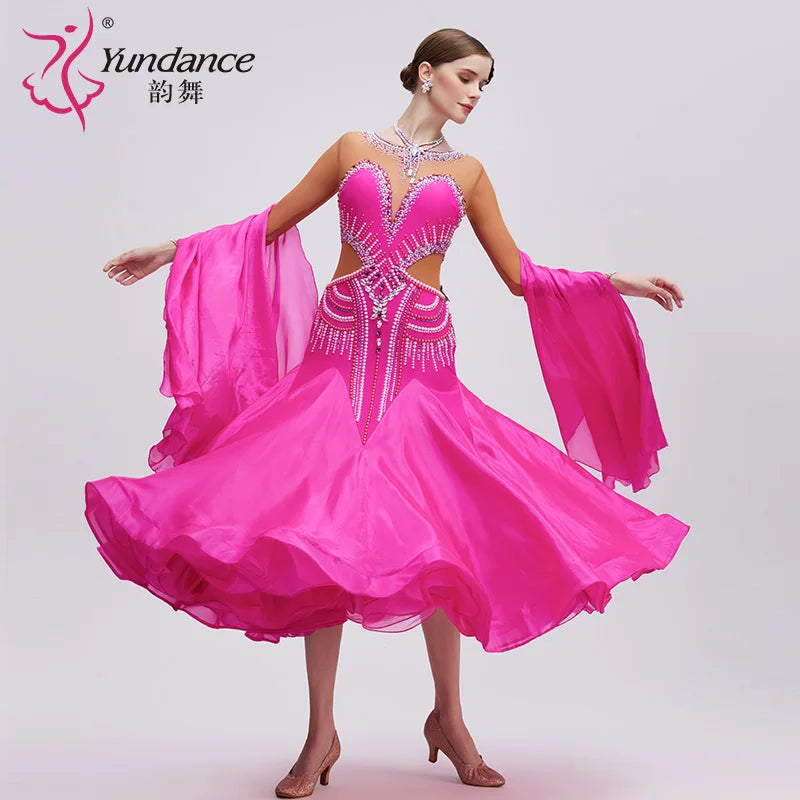 Women's Standard Ballroom Dance Dress Pearl Silk Rose Red For Competition