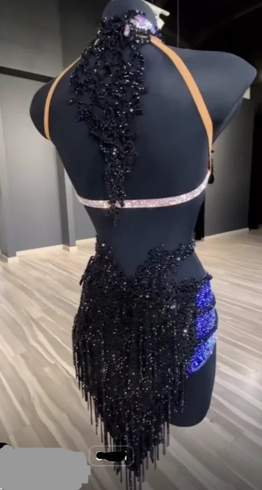 Women's Black and Blue Ombre Sequin Fringe Latin Dance Dress