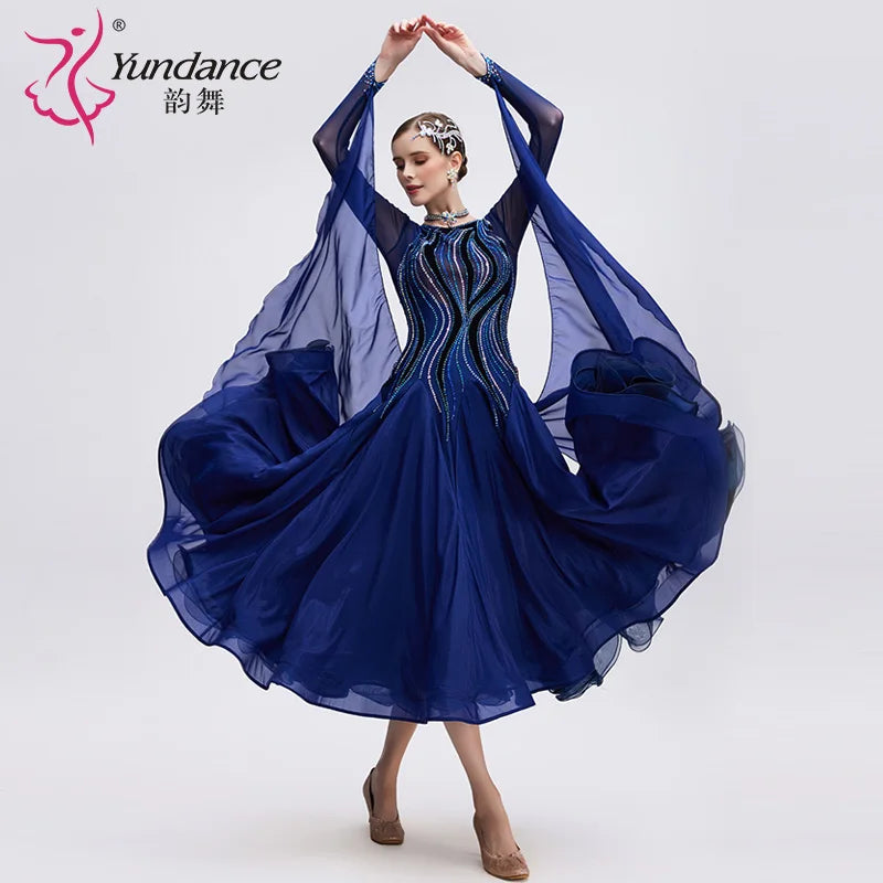 Women's International Standard Ballroom Dance Dress Long Chiffon Navy For Competition