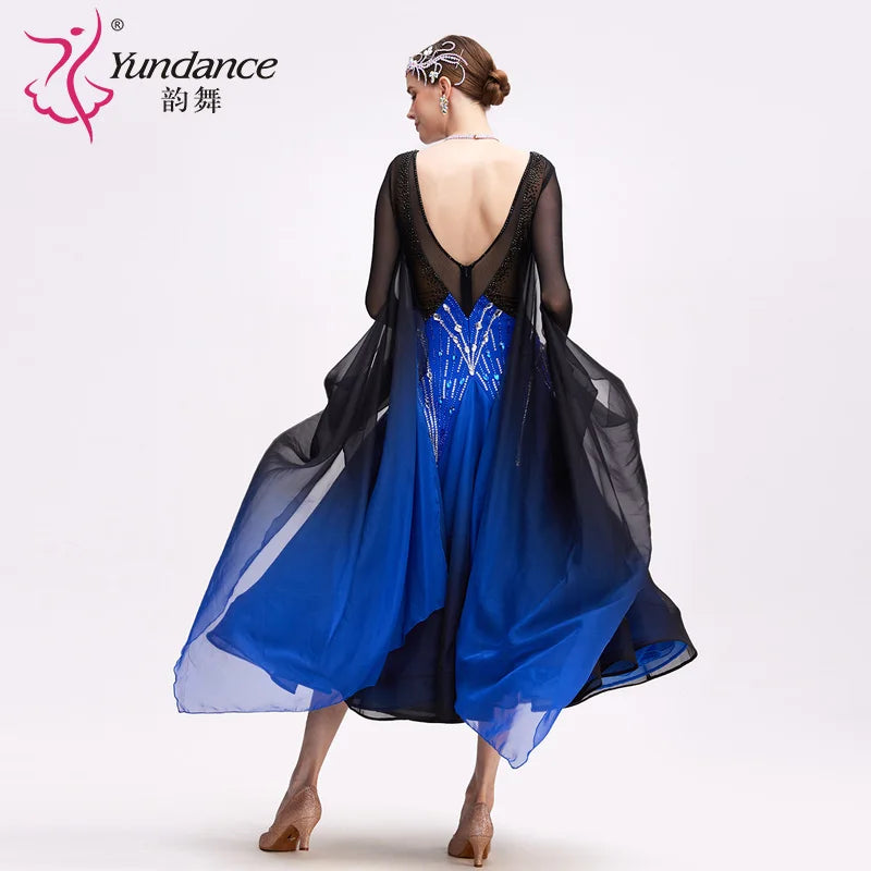 Women's International Standard Ballroom Dance Dress In Black-Blue Ombre Chiffon For Competition