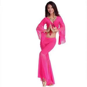 Belly Dance Costume Women's Purple Chiffon Long Sleeve Crop Top and Flare Pants Set