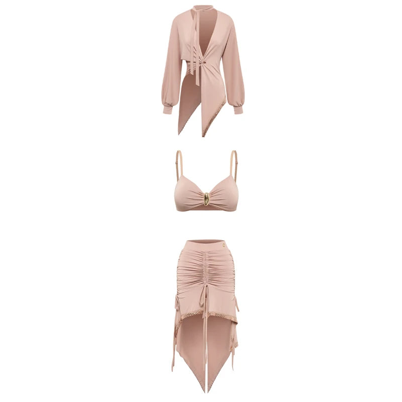 Women's Pink Ruched Asymmetrical Latin Dance Dress with Long Sleeves and Bralette Top