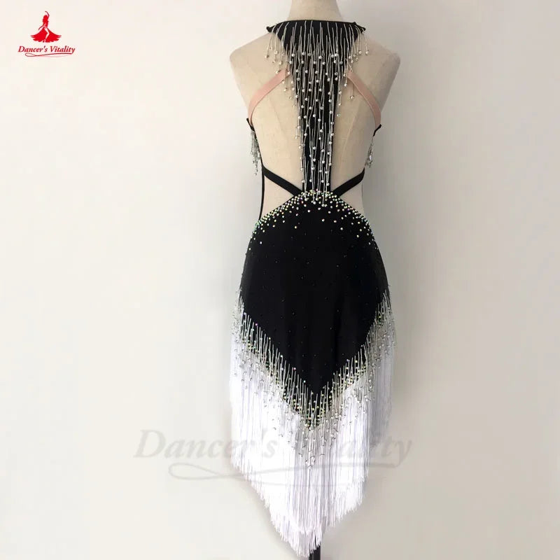 Women's Black & White Halterneck Beaded Fringe Latin Dance Dress