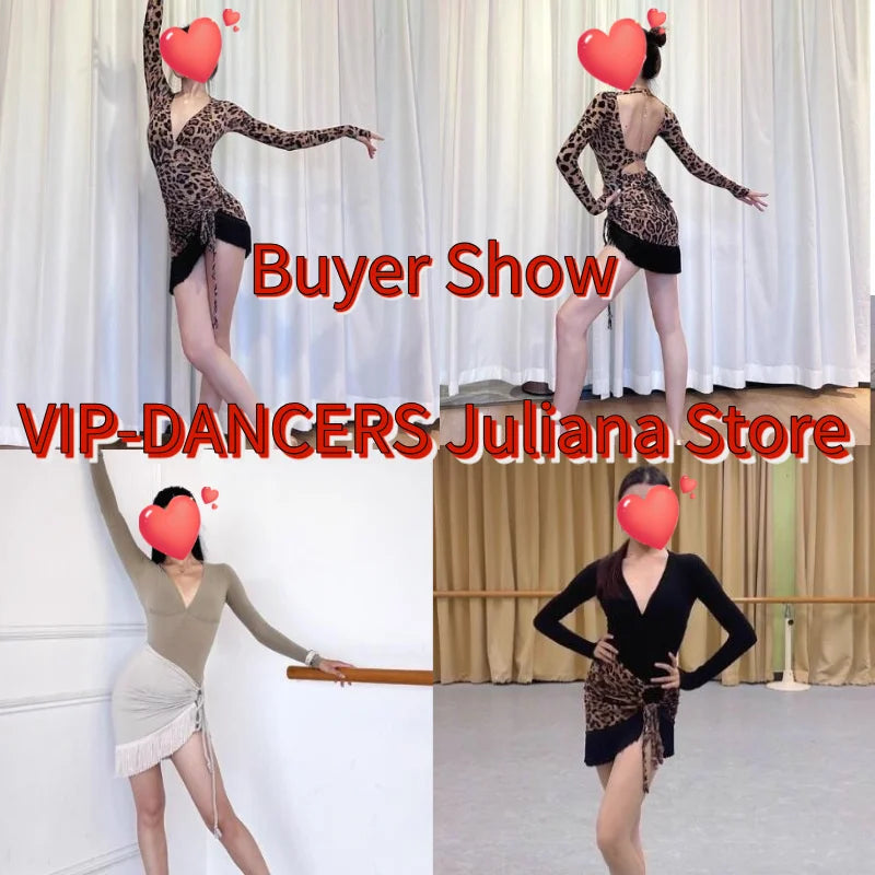 Women's Black & Leopard Print Fringe Asymmetrical Latin Dance Dress