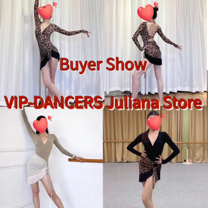 Women's Black & Leopard Print Fringe Asymmetrical Latin Dance Dress