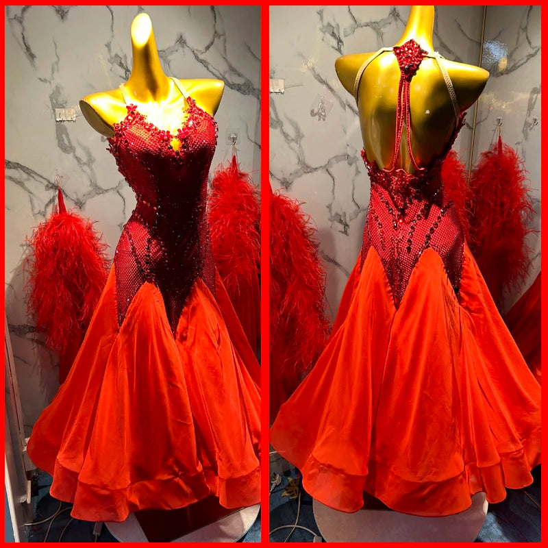 Ballroom Dance Dress, Women's Red Beaded Open Back Full Skirt Standard Smooth Dance Gown
