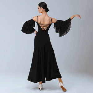 Women's Black Chiffon Off-Shoulder Ruffle Sleeve Sweetheart Neckline Latin Ballroom Dance Dress