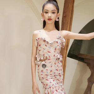 Girls' Beige Leaf Print Ruffled Two-Piece Latin Dance Dress