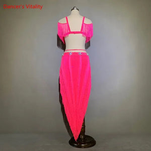 Women's Hot Pink Fringe Sequin Asymmetrical Skirt Latin Dance Dress