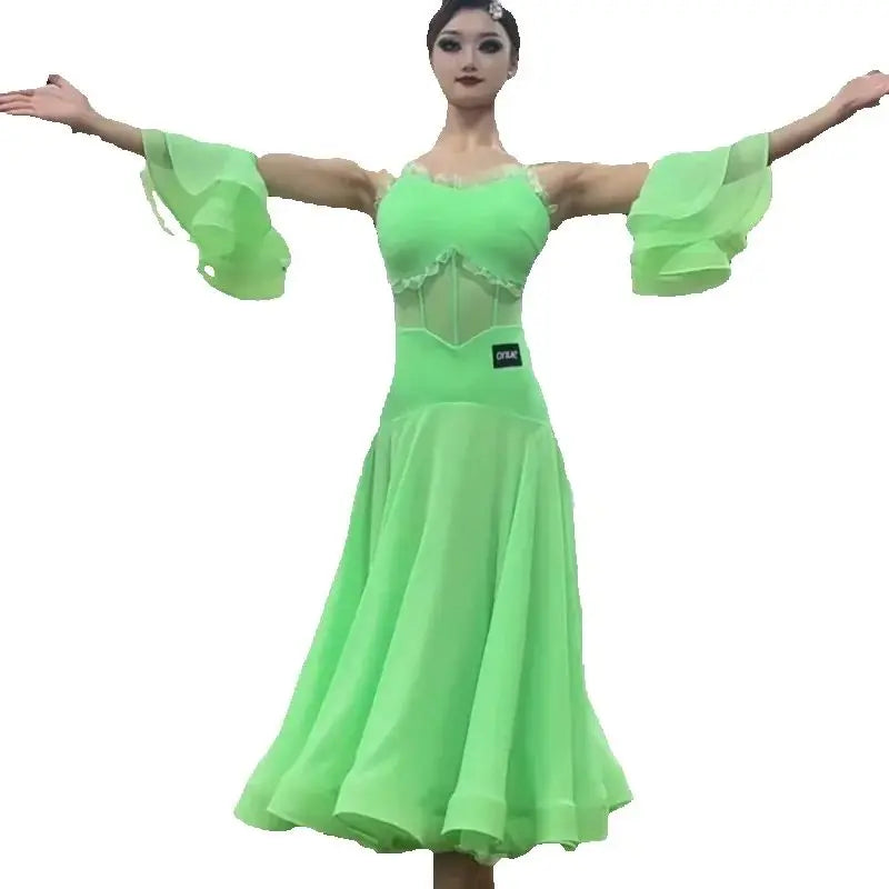 Women's Green Lace Mesh Ruffle Sleeve Ballroom Dance Dress, Women's Pink Lace Mesh Ruffle Sleeve Ballroom Dance Dress