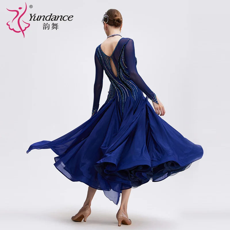 Women's International Standard Ballroom Dance Dress Long Chiffon Navy For Competition
