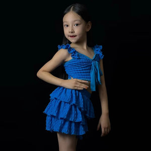 Girls Blue Ruffled Crop Top and Tiered Skirt Dancewear Set, Polyester Spandex