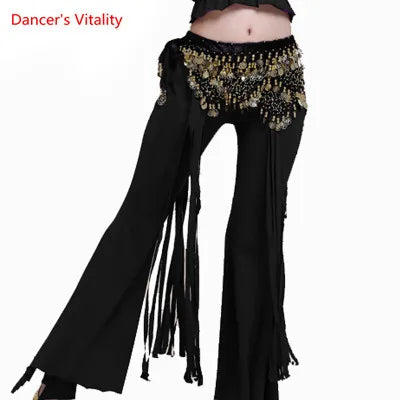 Belly Dance Pants Women's Yellow Sequin Hip Scarf Bell Bottom Slit Leg Pants for Oriental Dance Performance