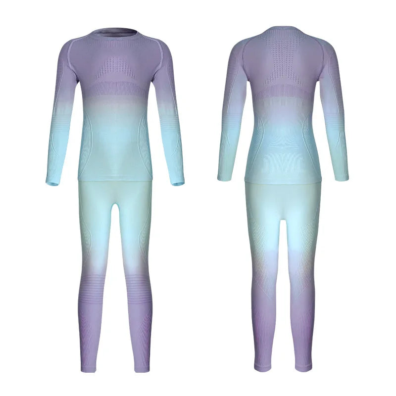 Kids' Gradient Pink & Blue Long Sleeve Thermal Base Layer Set, Badminton Activewear