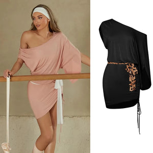 Women's Pink Off-Shoulder Dolman Sleeve Ruched Mini Dress with White Tie, Ballet Dance