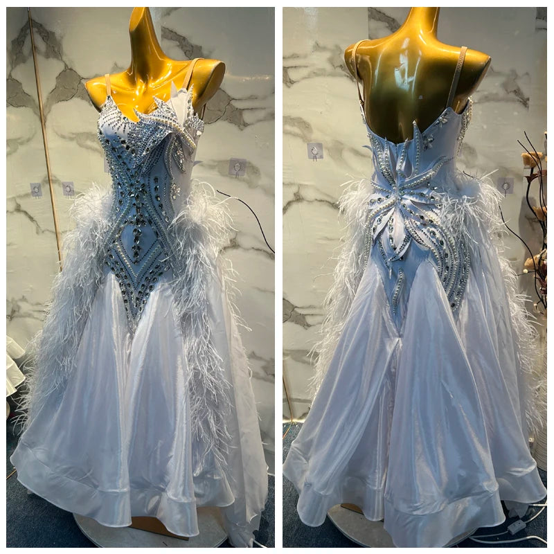 Women's White & Silver Rhinestone Feather Ballroom Dance Dress - Smooth/Standard