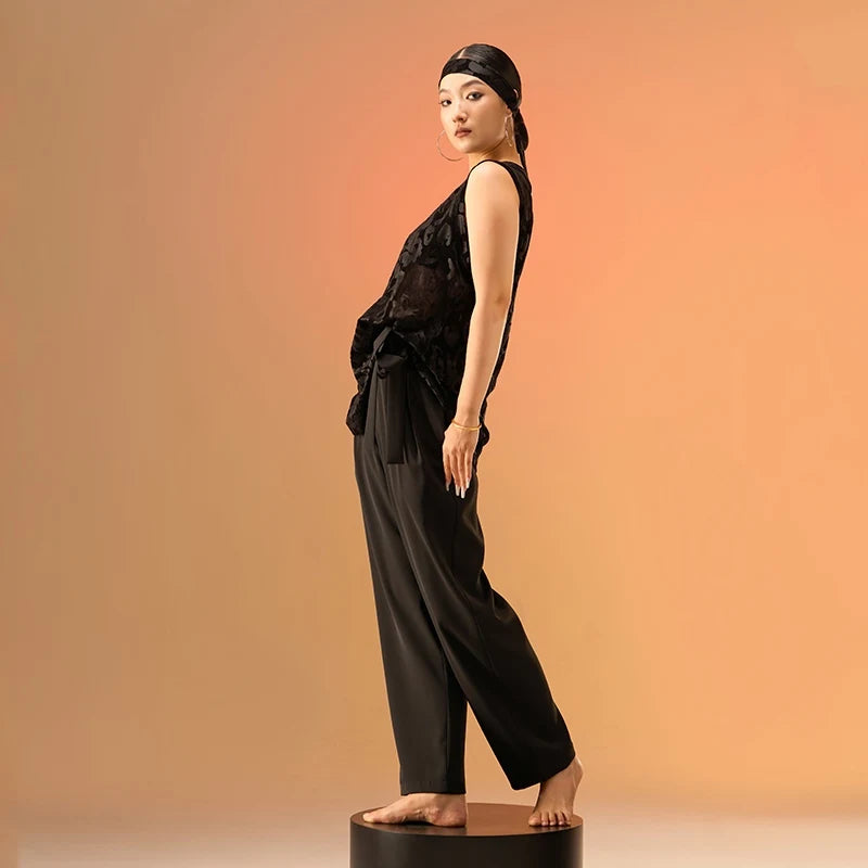 Women's Dark Mauve High-Waisted Pleated Tapered Dance Pants with Tie-Waist