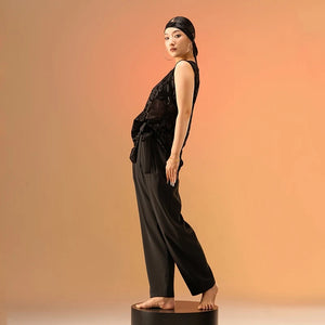 Women's Dark Mauve High-Waisted Pleated Tapered Dance Pants with Tie-Waist