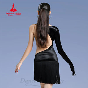 Women's Black Velvet & Fringe Asymmetric Latin Dance Dress with Long Sleeve
