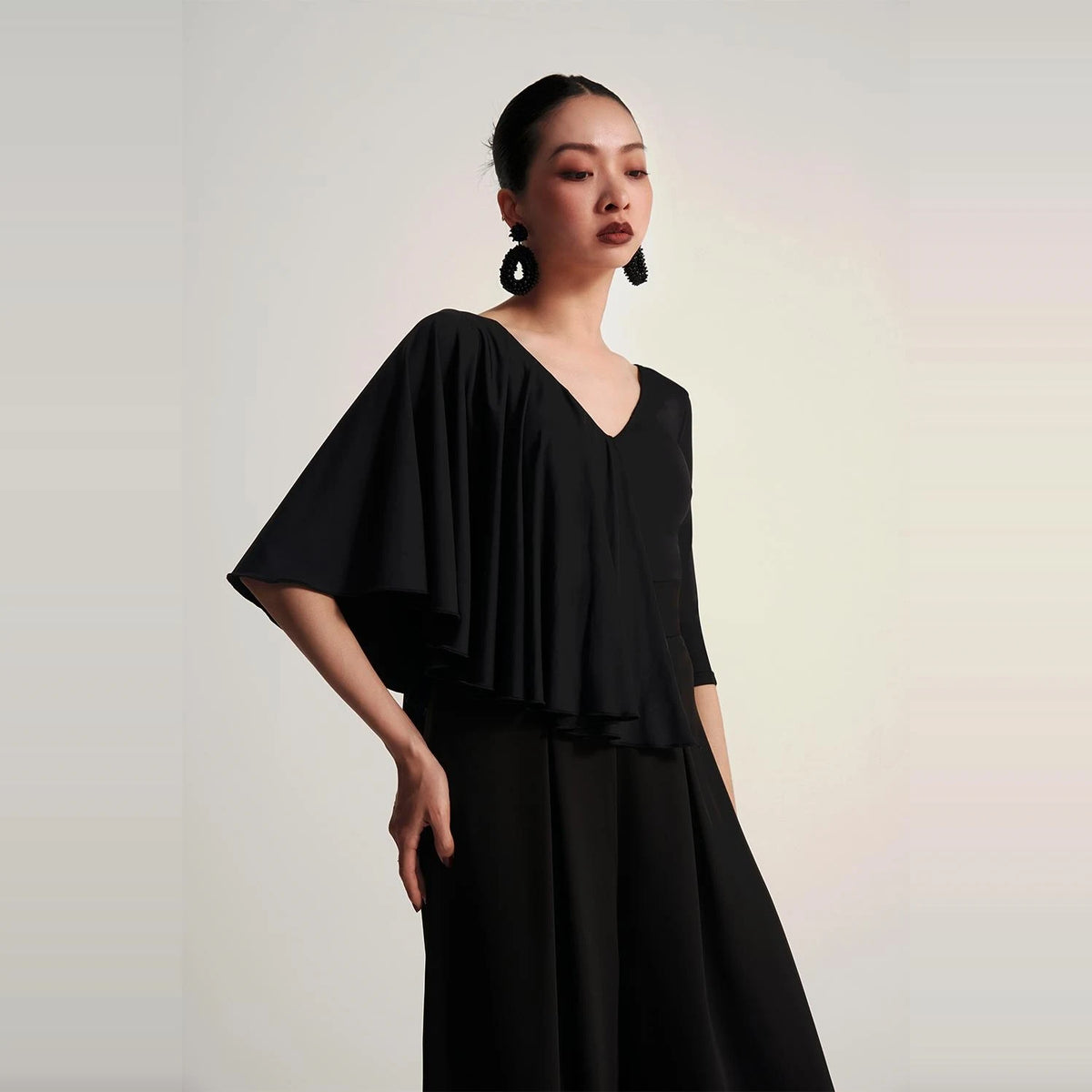 Women's Black V-Neck Long Sleeve Top and Wide-Leg Pants Set, Pleated, Ballroom Dance