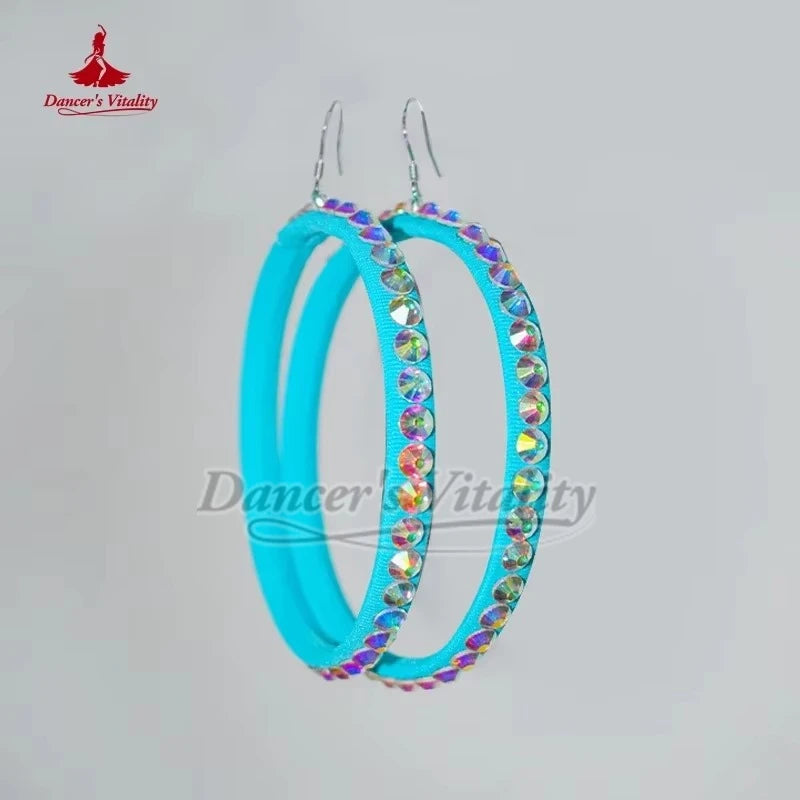 Women's Blue Ballroom Dance Dress, Long Sleeve Mesh Neckline, Ruched Bodice, Crystal Embellishments, Full Skirt