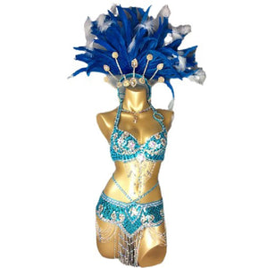 Women's Blue & White Feathered Sequin Beaded Belly Dance Costume Set