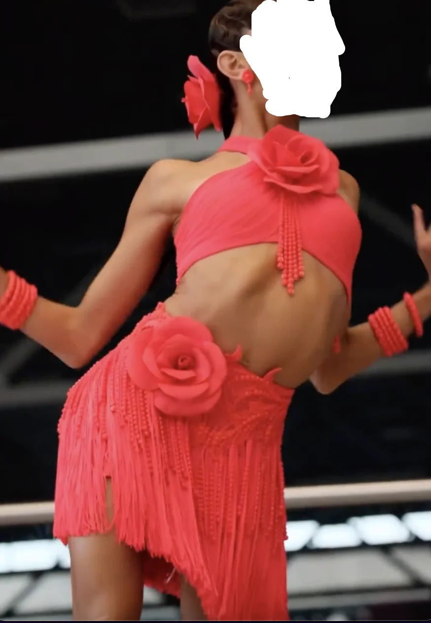 Women's Coral Halter Fringe Latin Dance Dress with Rose Appliques