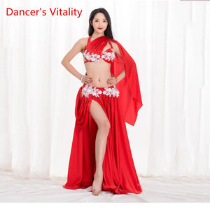 Belly Dance Costume Women's White Sequin Halter Top & High Slit Skirt Set Chiffon Tribal Fusion Dancewear