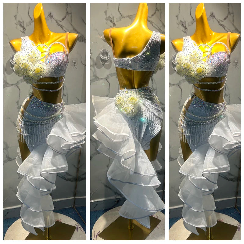 Latin Dance Dress Women White Rhinestone Ruffled Organza Salsa Rumba Cha Cha Competition Costume
