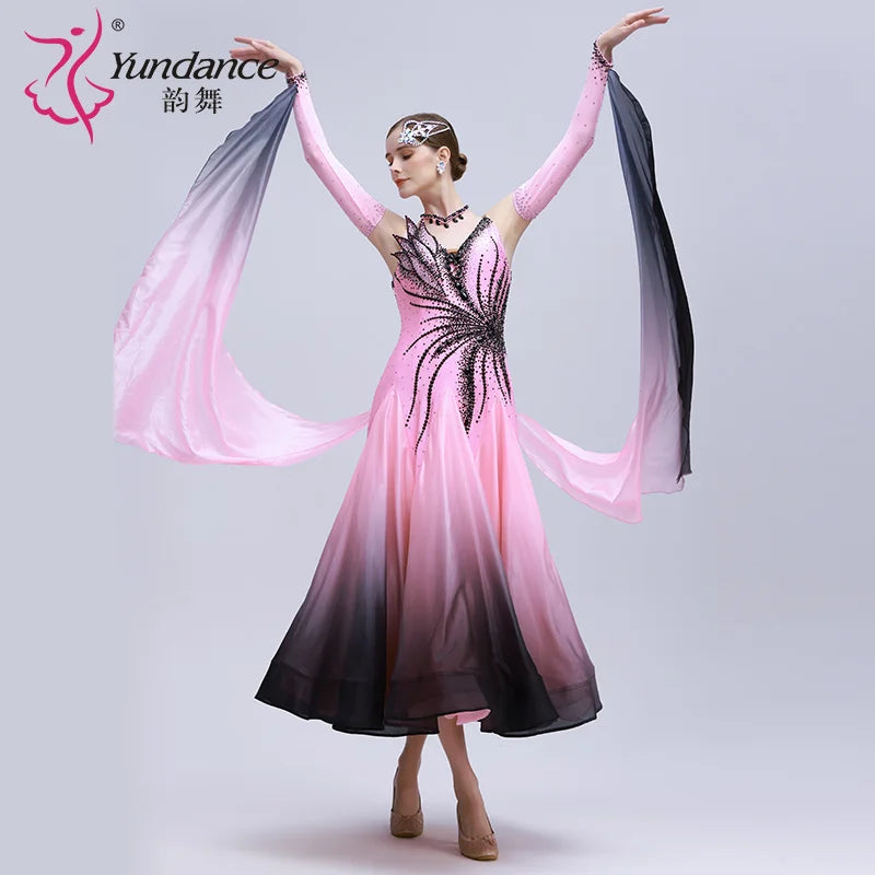 Women's Custom Standard Ballroom Dance Dress With Ombre Silk And Pearl Embellishments For Competition
