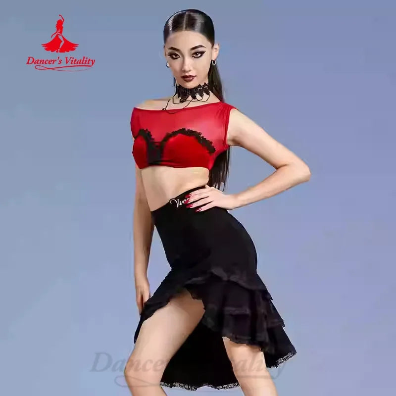 Women's Red and Black Lace Mesh Off-Shoulder Crop Top and Ruffled Slit Skirt Latin Dancewear