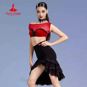 Women's Red and Black Lace Mesh Off-Shoulder Crop Top and Ruffled Slit Skirt Latin Dancewear