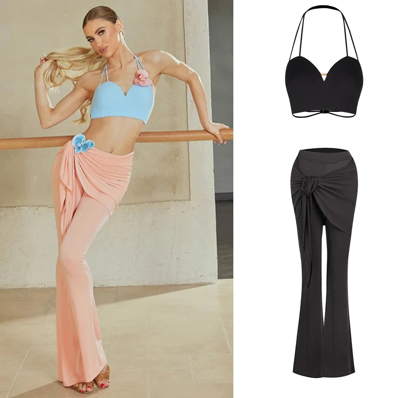 Dancewear Set Women's Light Blue & Peach Floral Halter Crop Top with Draped Wide-Leg Pants Latin Ballroom