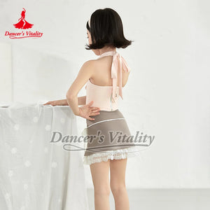 Girls' Pink Halter Crop Top and Grey Bell Bottom Dance Pants Set, Ruffled Waist, Lace-Up Front, Modern Dance