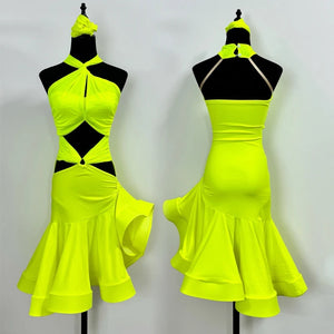 Latin Dance Dress Women's Black Neon Yellow Red Halter Cutout Knot Detail Ruffled Hem Performance Costume