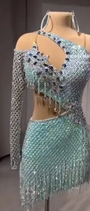 Latin Dance Dress Women's Aqua Blue Rhinestone Fringe Asymmetric Sleeve Open Back