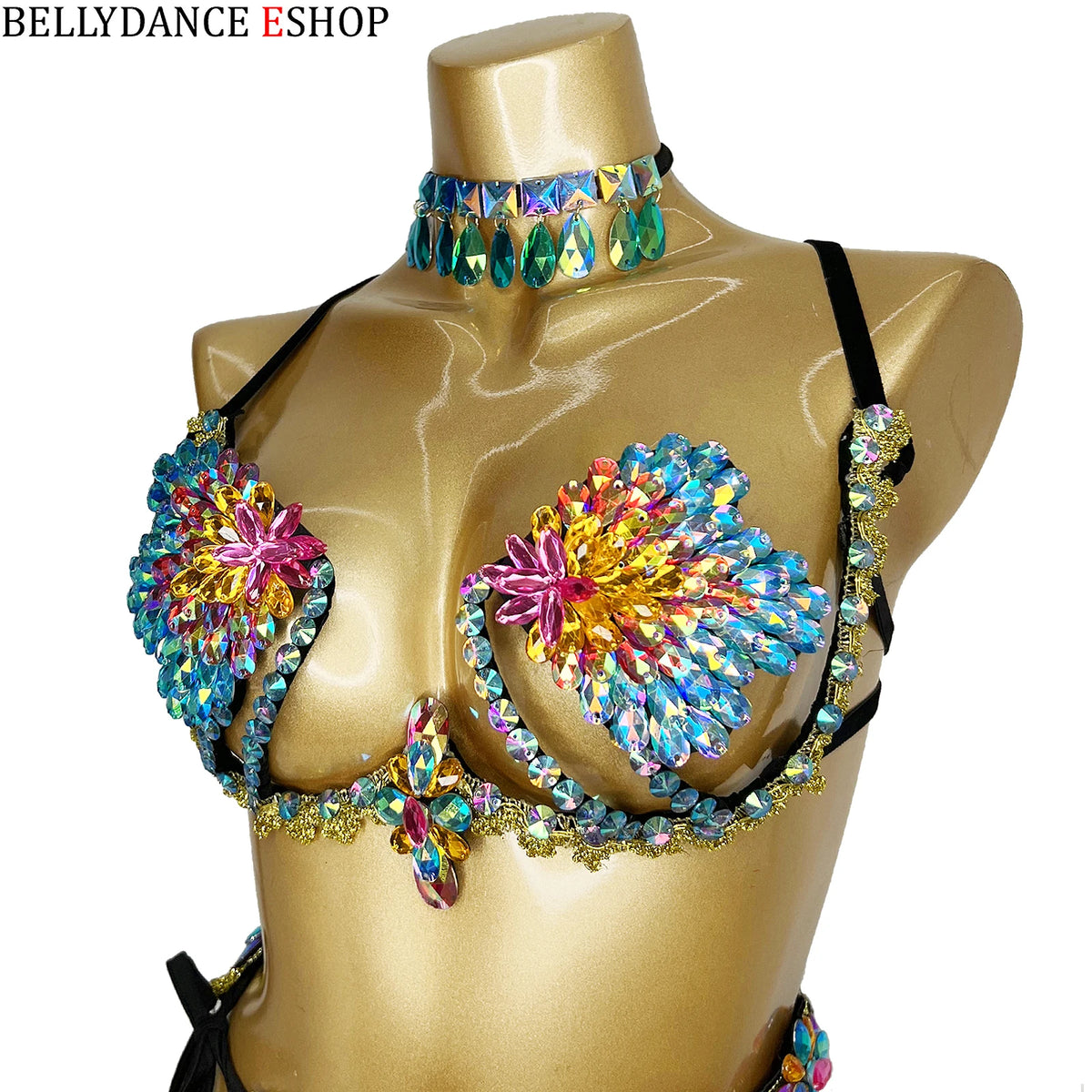 Belly Dance Women's Black and White Sequin Mesh Skirt and Rhinestone Bra Set, Carnival Festival Costume