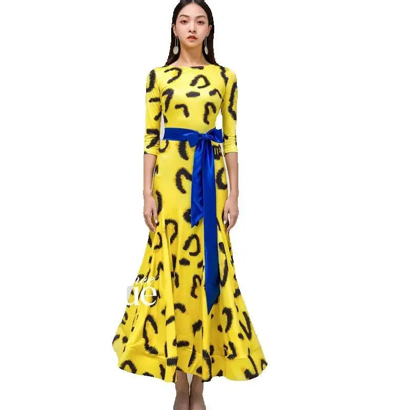 Women's Yellow Leopard Print Long Sleeve Ballroom Dance Dress with Blue Belt