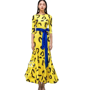 Women's Yellow Leopard Print Long Sleeve Ballroom Dance Dress with Blue Belt