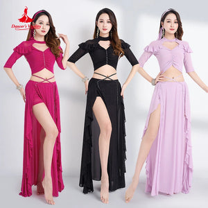 Women's Fuchsia Sparkle Mesh Ruffle Belly Dance Costume Set with High Slit Skirt