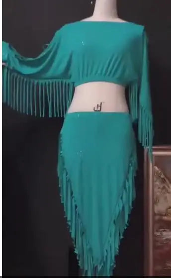 Women's Fuchsia Sequin Fringe Off-Shoulder Crop Top & Skirt Belly Dance Costume