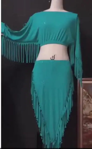 Women's Fuchsia Sequin Fringe Off-Shoulder Crop Top & Skirt Belly Dance Costume