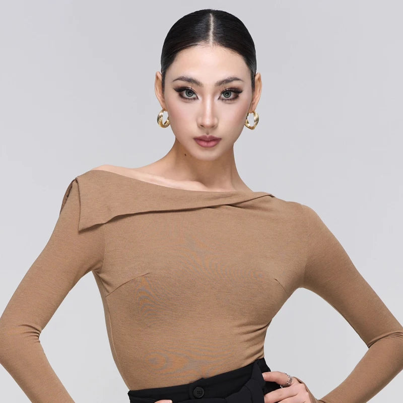 Women's Off-Shoulder Long Sleeve Dance Top, White, Black, or Tan, with High-Waisted Wide Leg Trousers, Brown, Grey, or Black, for Latin Ballroom Dance