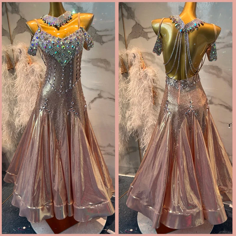 Ballroom Dance Dress Women Rose Gold Rhinestone Off-Shoulder Open Back Full Skirt Smooth Standard