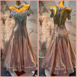 Ballroom Dance Dress Women Rose Gold Rhinestone Off-Shoulder Open Back Full Skirt Smooth Standard