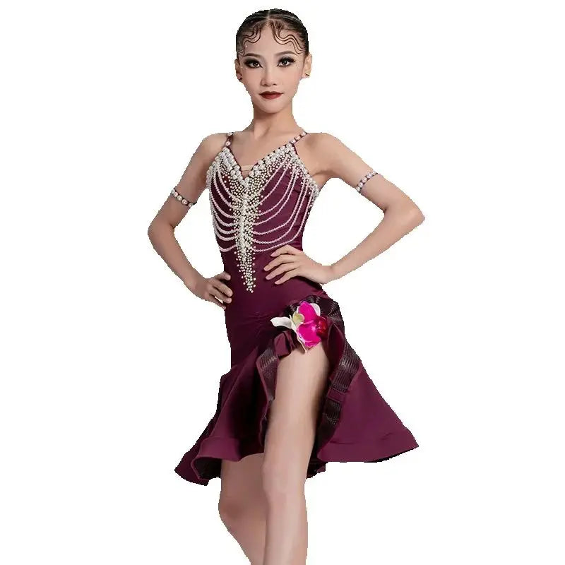 Girls' Burgundy Embellished Beaded Ruffle Latin Dance Dress with Floral Detail